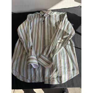 Thomas Dean Shirt Size Large Long Sleeve Button Front Flip Cuffs Stripe Pattern.